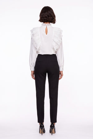 Ecru Ruffled Collar Embroidered Chiffon Shirt
