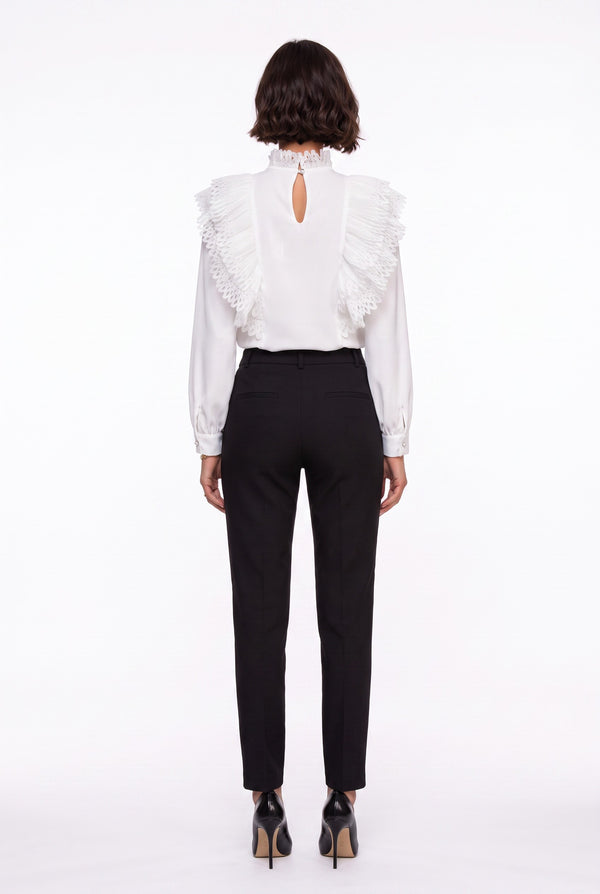 Ecru Ruffled Collar Embroidered Chiffon Shirt