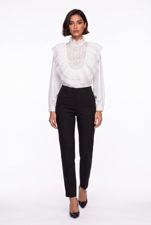 Ecru Ruffled Collar Embroidered Chiffon Shirt