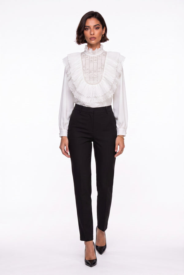 Ecru Ruffled Collar Embroidered Chiffon Shirt