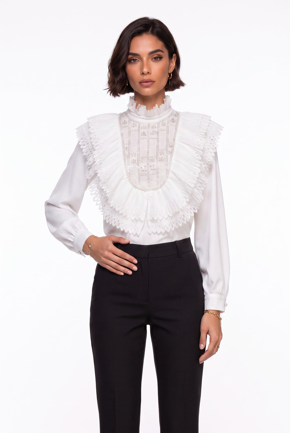 Ecru Ruffled Collar Embroidered Chiffon Shirt