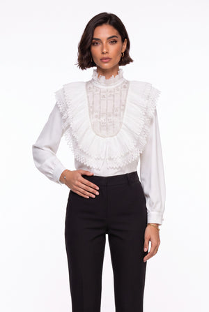 Ecru Ruffled Collar Embroidered Chiffon Shirt