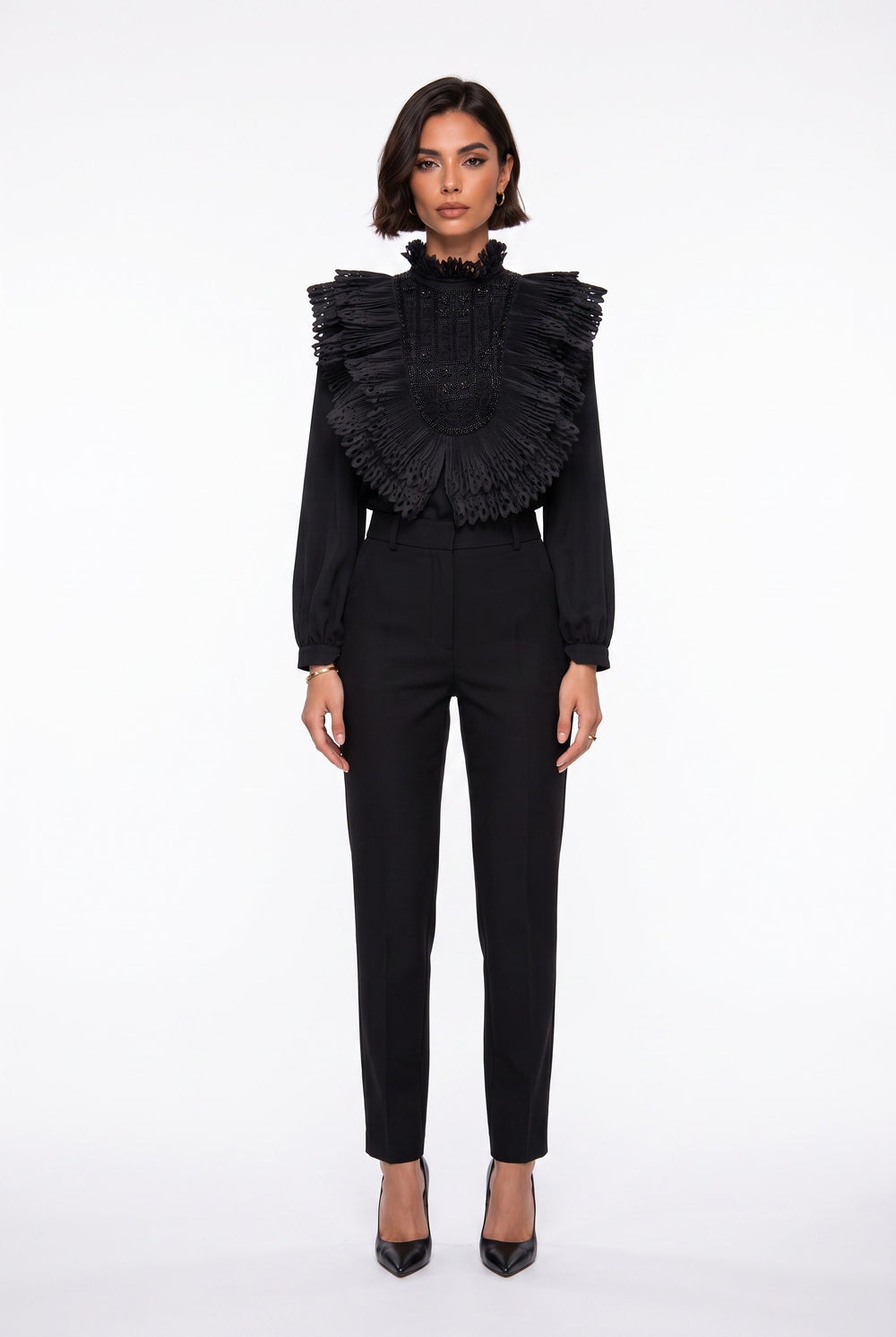 Ruffle Collar Embroidered Chiffon Shirt Black