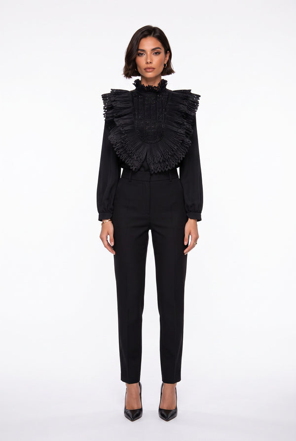 Ruffle Collar Embroidered Chiffon Shirt Black