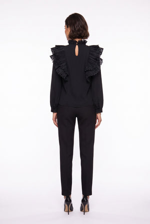 Ruffle Collar Embroidered Chiffon Shirt Black