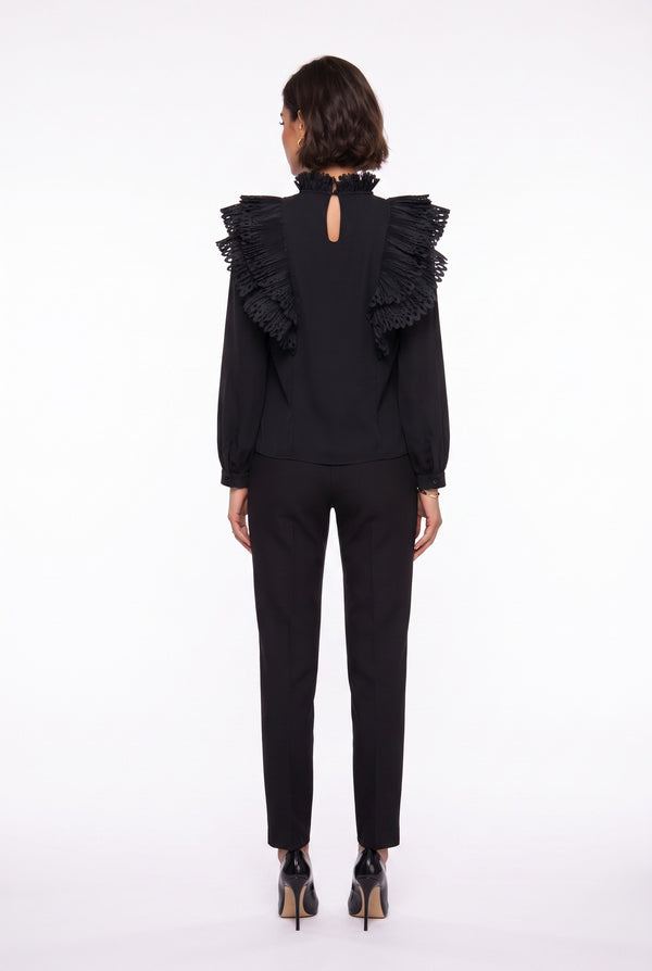 Ruffle Collar Embroidered Chiffon Shirt Black