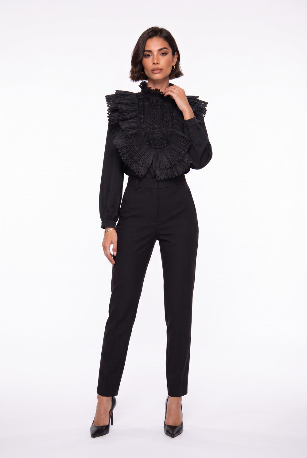 Ruffle Collar Embroidered Chiffon Shirt Black