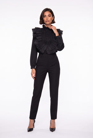 Ruffle Collar Embroidered Chiffon Shirt Black