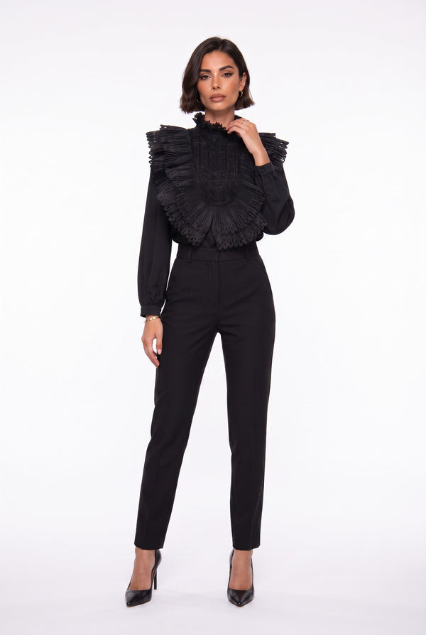 Ruffle Collar Embroidered Chiffon Shirt Black