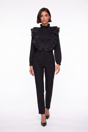 Ruffle Collar Embroidered Chiffon Shirt Black