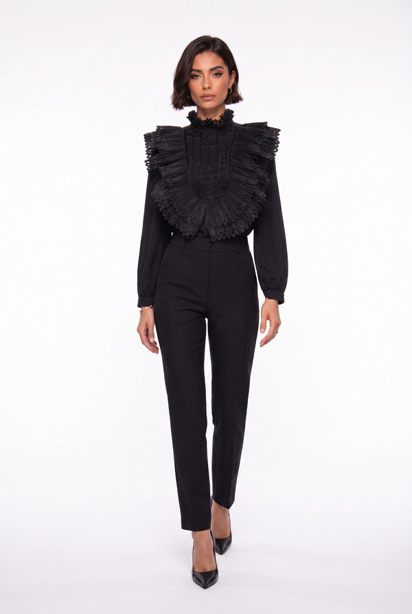 Ruffle Collar Embroidered Chiffon Shirt Black