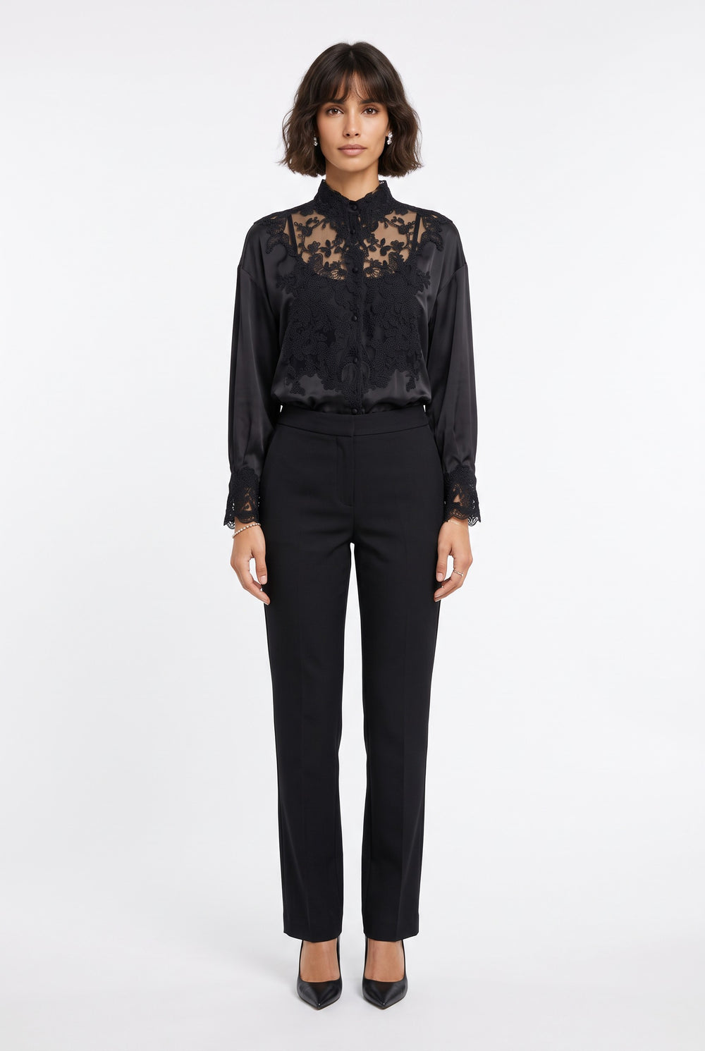 Black Shirt with Embroidered Collar Detail