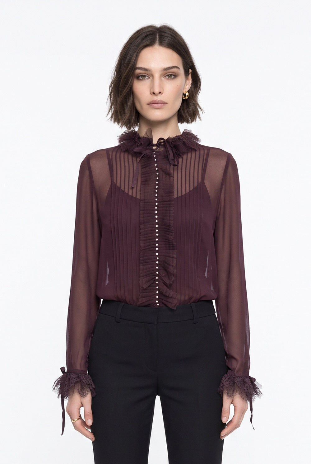 Taş Düğme ve Tül Detaylı Şifon Bluz Bordo