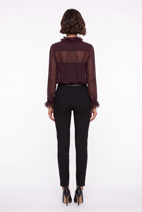 Burgundy Chiffon Shirt with Lace Collar Detail