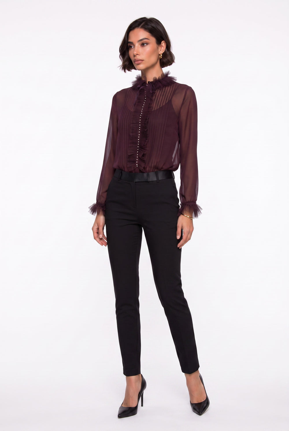 Burgundy Chiffon Shirt with Lace Collar Detail