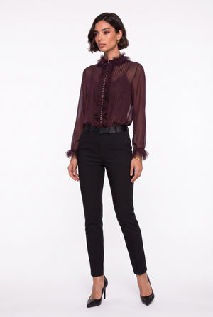 Burgundy Chiffon Shirt with Lace Collar Detail