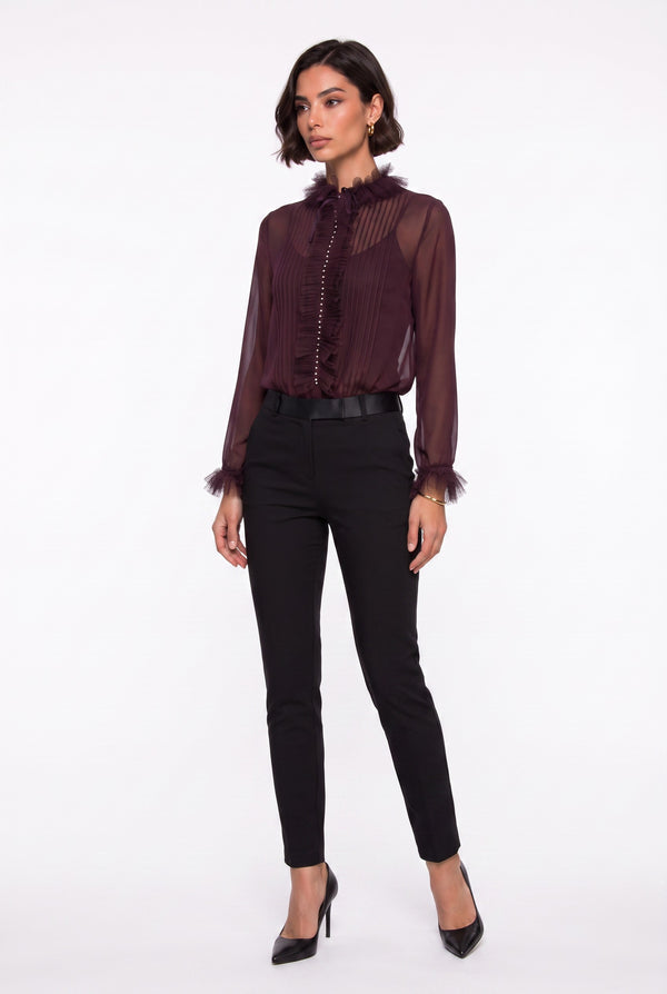 Burgundy Chiffon Shirt with Lace Collar Detail