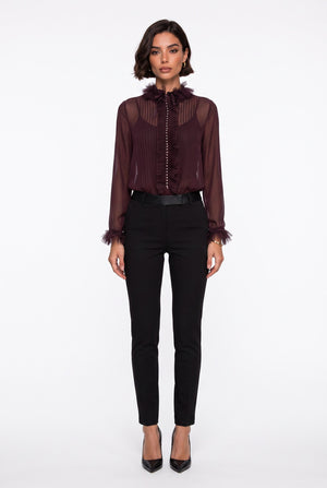 Burgundy Chiffon Shirt with Lace Collar Detail