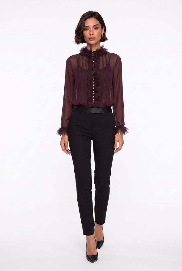 Burgundy Chiffon Shirt with Lace Collar Detail