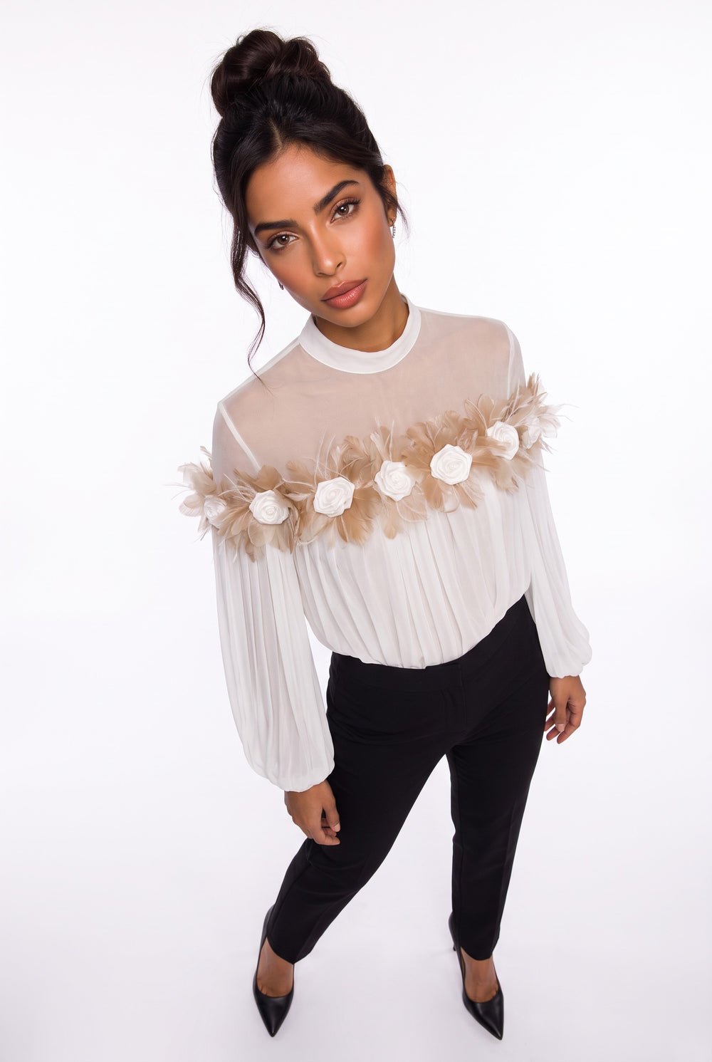 Chiffon Blouse with Feather and Rose Details in Ecru