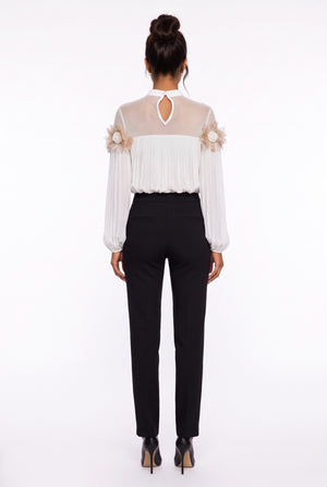 Chiffon Blouse with Feather and Rose Details in Ecru