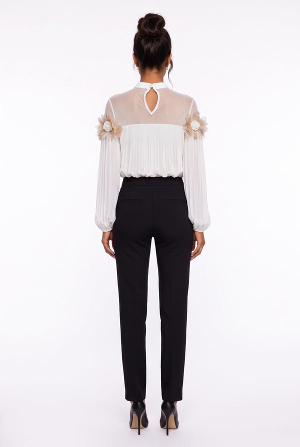 Chiffon Blouse with Feather and Rose Details in Ecru