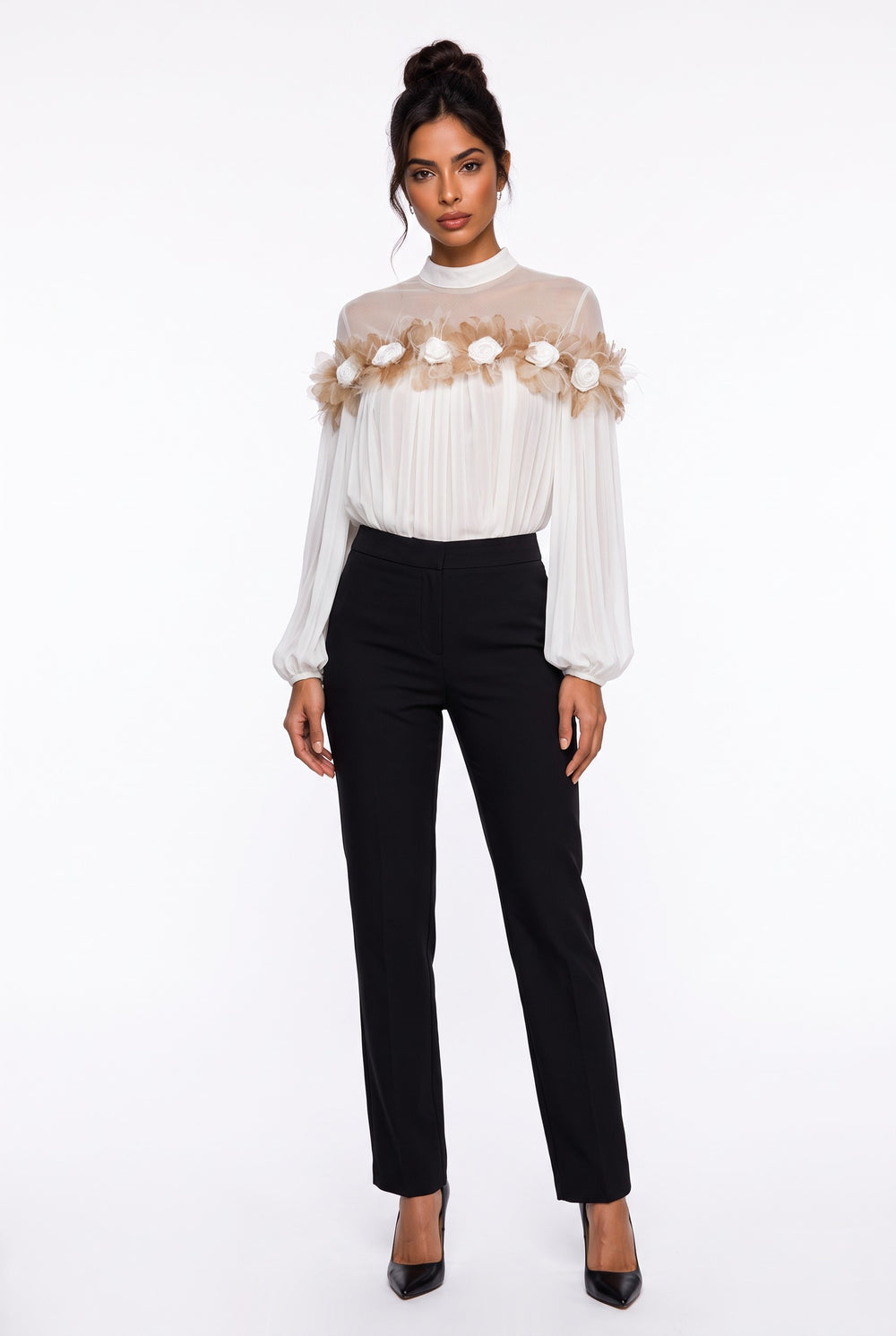Chiffon Blouse with Feather and Rose Details in Ecru