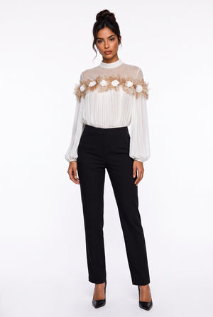 Chiffon Blouse with Feather and Rose Details in Ecru
