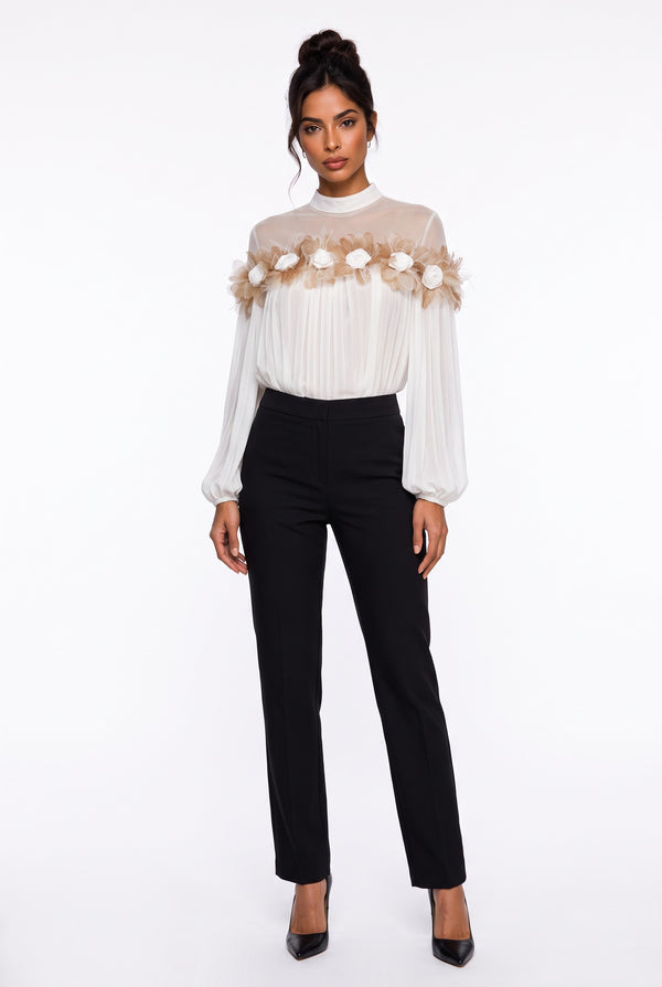 Chiffon Blouse with Feather and Rose Details in Ecru