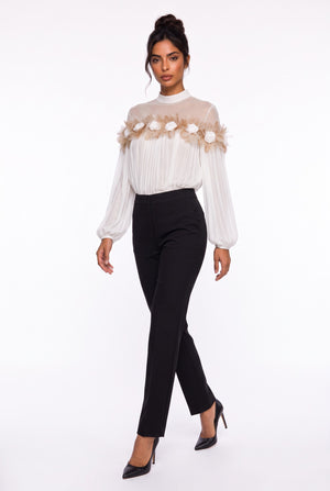 Chiffon Blouse with Feather and Rose Details in Ecru