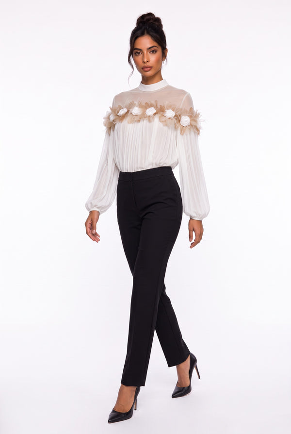 Chiffon Blouse with Feather and Rose Details in Ecru
