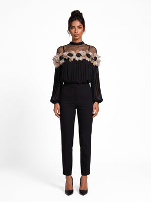 Black Chiffon Blouse with Feather and Rose Detail