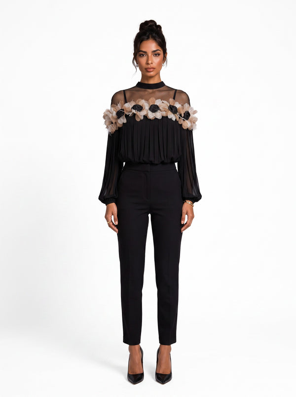 Black Chiffon Blouse with Feather and Rose Detail