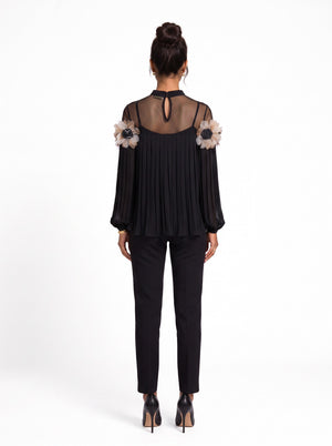 Black Chiffon Blouse with Feather and Rose Detail