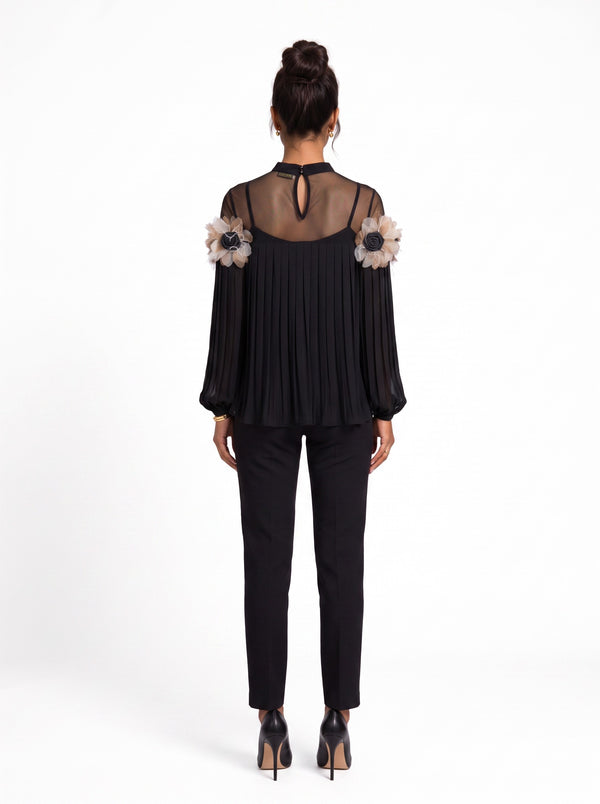 Black Chiffon Blouse with Feather and Rose Detail