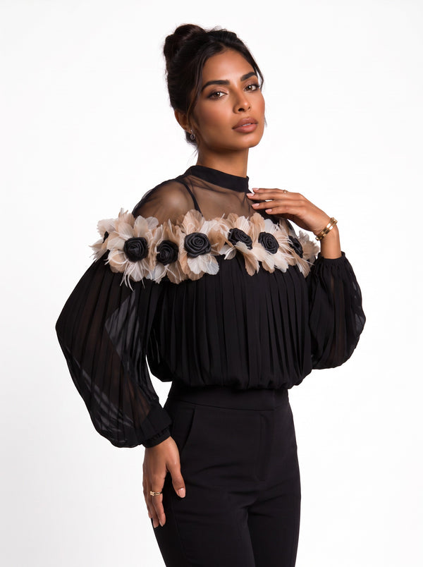 Black Chiffon Blouse with Feather and Rose Detail