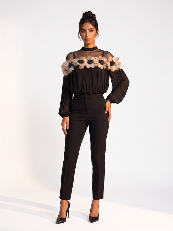 Black Chiffon Blouse with Feather and Rose Detail