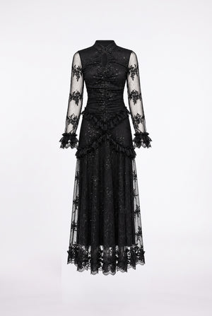 Long Black Lace and Ruffle Detail Dress with Stone Accessories
