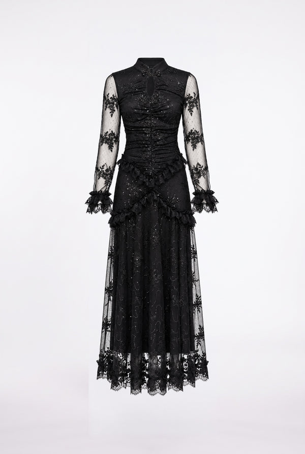 Long Black Lace and Ruffle Detail Dress with Stone Accessories