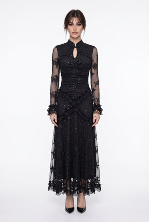 Long Black Lace and Ruffle Detail Dress with Stone Accessories