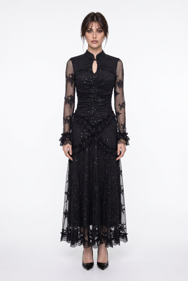 Long Black Lace and Ruffle Detail Dress with Stone Accessories