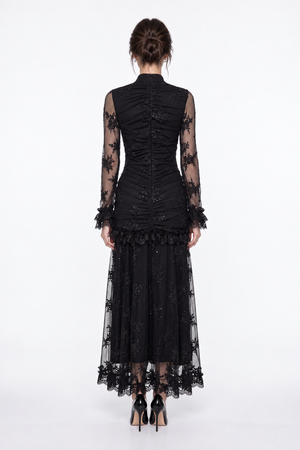 Long Black Lace and Ruffle Detail Dress with Stone Accessories