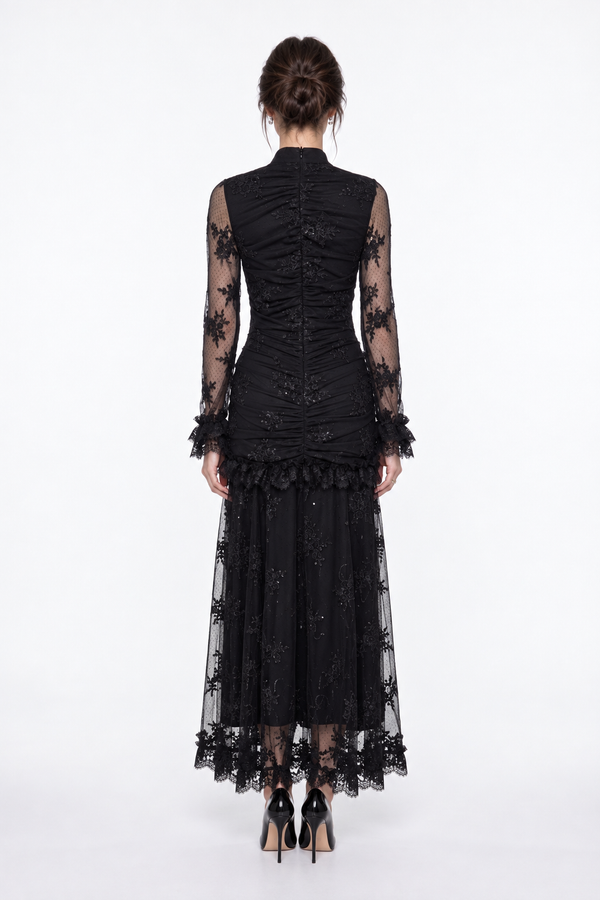 Long Black Lace and Ruffle Detail Dress with Stone Accessories