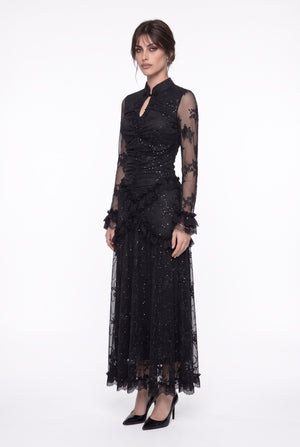 Long Black Lace and Ruffle Detail Dress with Stone Accessories