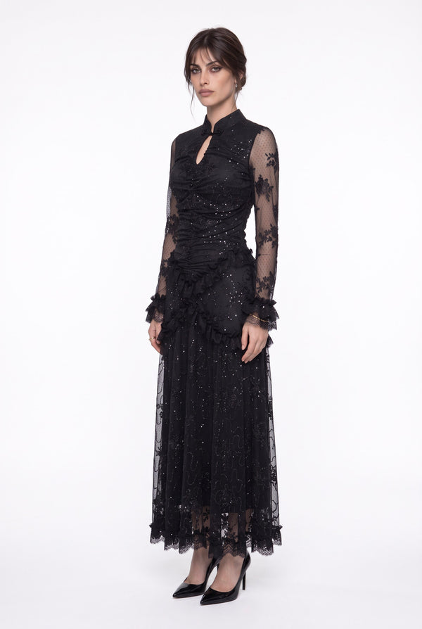 Long Black Lace and Ruffle Detail Dress with Stone Accessories