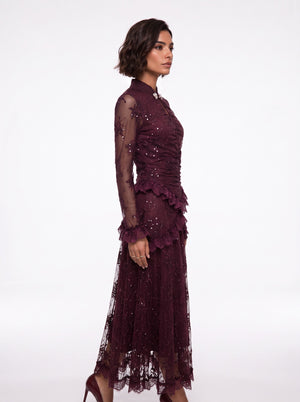 Burgundy Long Dress with Lace and Ruffle Details with Stone Accessories