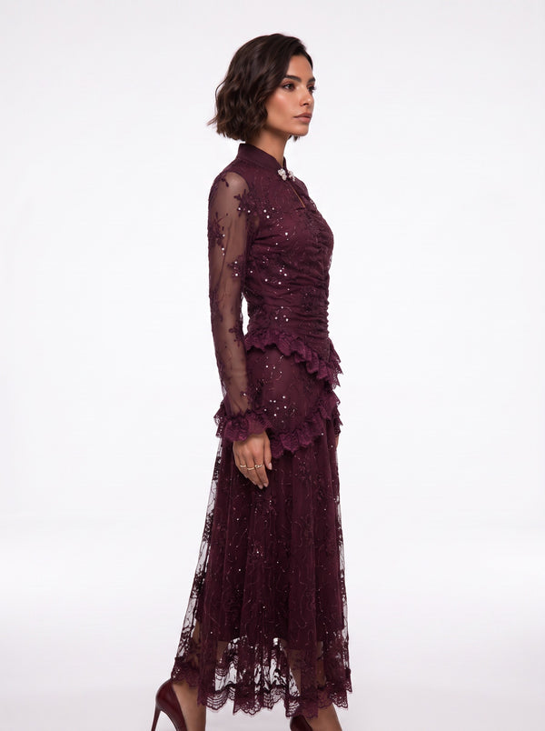 Burgundy Long Dress with Lace and Ruffle Details with Stone Accessories