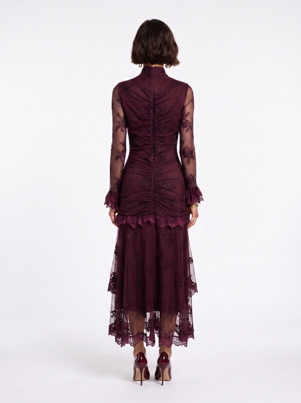 Burgundy Long Dress with Lace and Ruffle Details with Stone Accessories