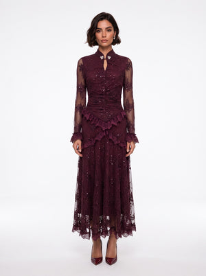 Burgundy Long Dress with Lace and Ruffle Details with Stone Accessories