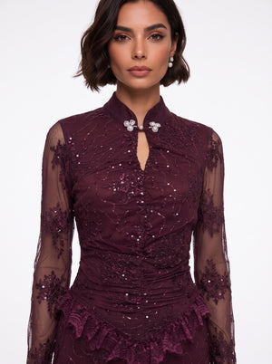 Burgundy Long Dress with Lace and Ruffle Details with Stone Accessories